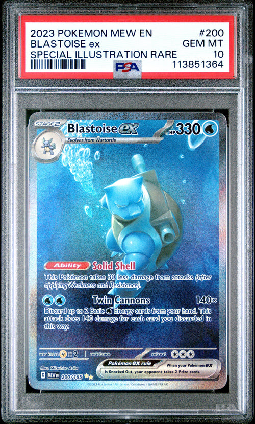 Pokémon trading card featuring Blastoise EX with a PSA grading label on top.