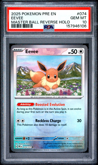 2025 POKEMON PRE EN-PRISMATIC EVOLUTIONS | MASTER BALL REVERSE HOLO #074 EEVEE PSA 10