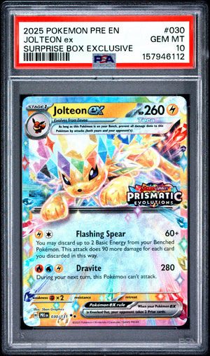 2025 POKEMON PRE EN-PRISMATIC EVOLUTIONS | SURPRISE BOX EXCLUSIVE #030 JOLTEON EX PSA 10