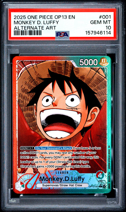 2025 ONE PIECE OP13-CARRYING ON HIS WILL | ALTERNATE ART #001 MONKEY D. LUFFY PSA 10